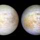 Europa as imaged by the Galileo spacecraft in June 1997. The view on the left shows Europa in its natural color, while the view at right is color-enhanced.